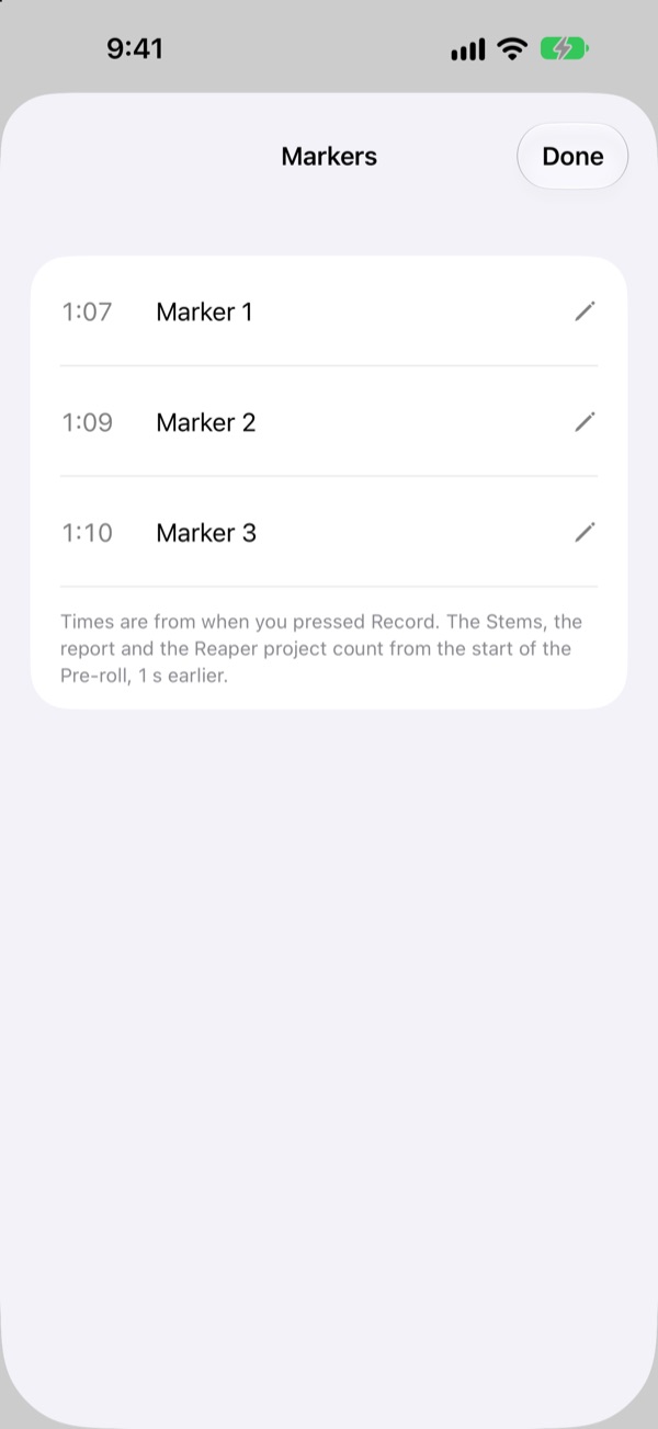 The Markers list for a Take: Marker 1, 2 and 3 at 1:07, 1:09 and 1:10, each with an edit button.