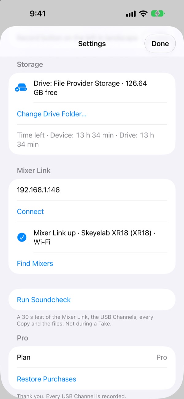 Settings showing the Drive with 126 GB free, the recording time left on the Device and the Drive, and the Mixer Link up to "Skeyelab XR18" over Wi-Fi, with a Find Mixers button.