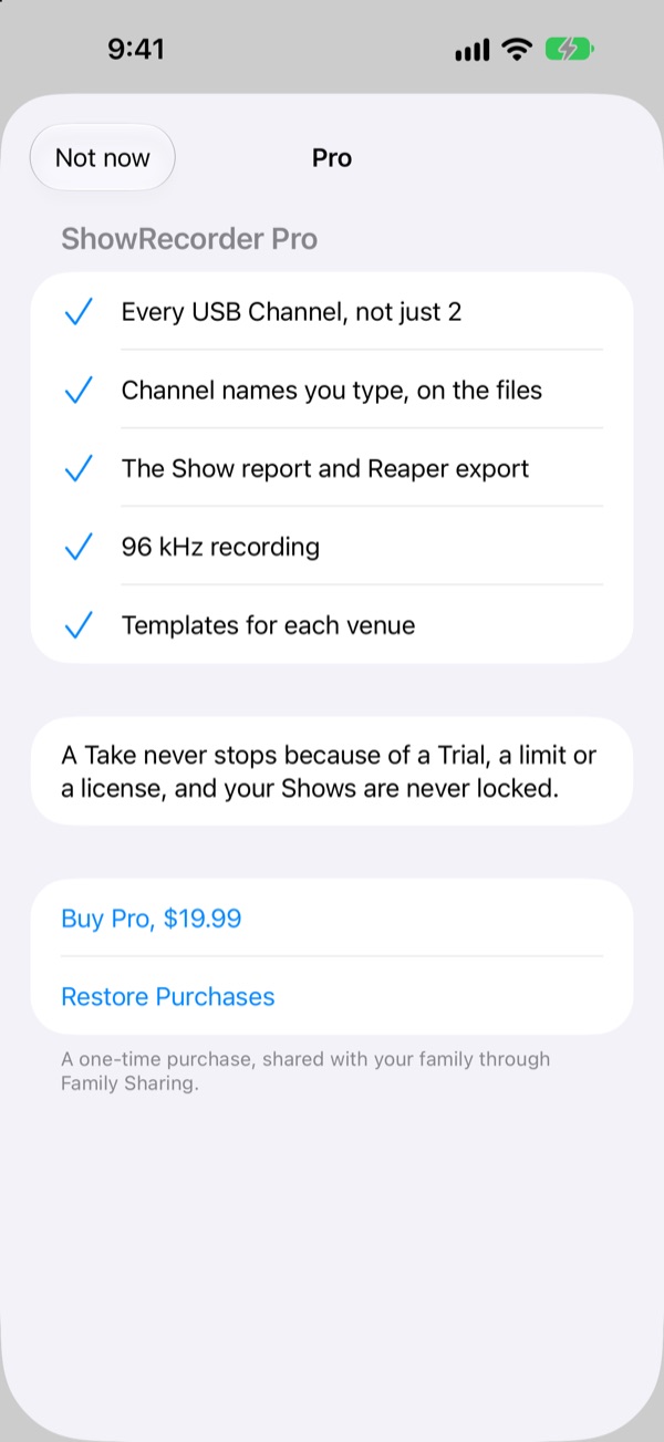 The Pro screen: every USB Channel, channel names you type, the Show report and Reaper export, 96 kHz recording and Templates, with Buy Pro and Restore Purchases.