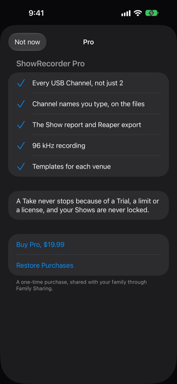 The Pro screen: every USB Channel, channel names you type, the Show report and Reaper export, 96 kHz recording and Templates, with Buy Pro and Restore Purchases.